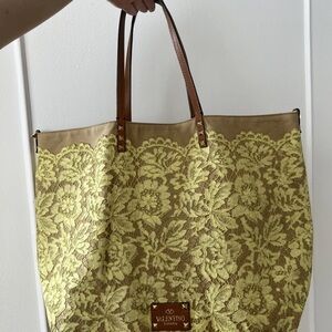 Valentino Garavani Lace Overlay Tote shopper large bag in Yellow Brown